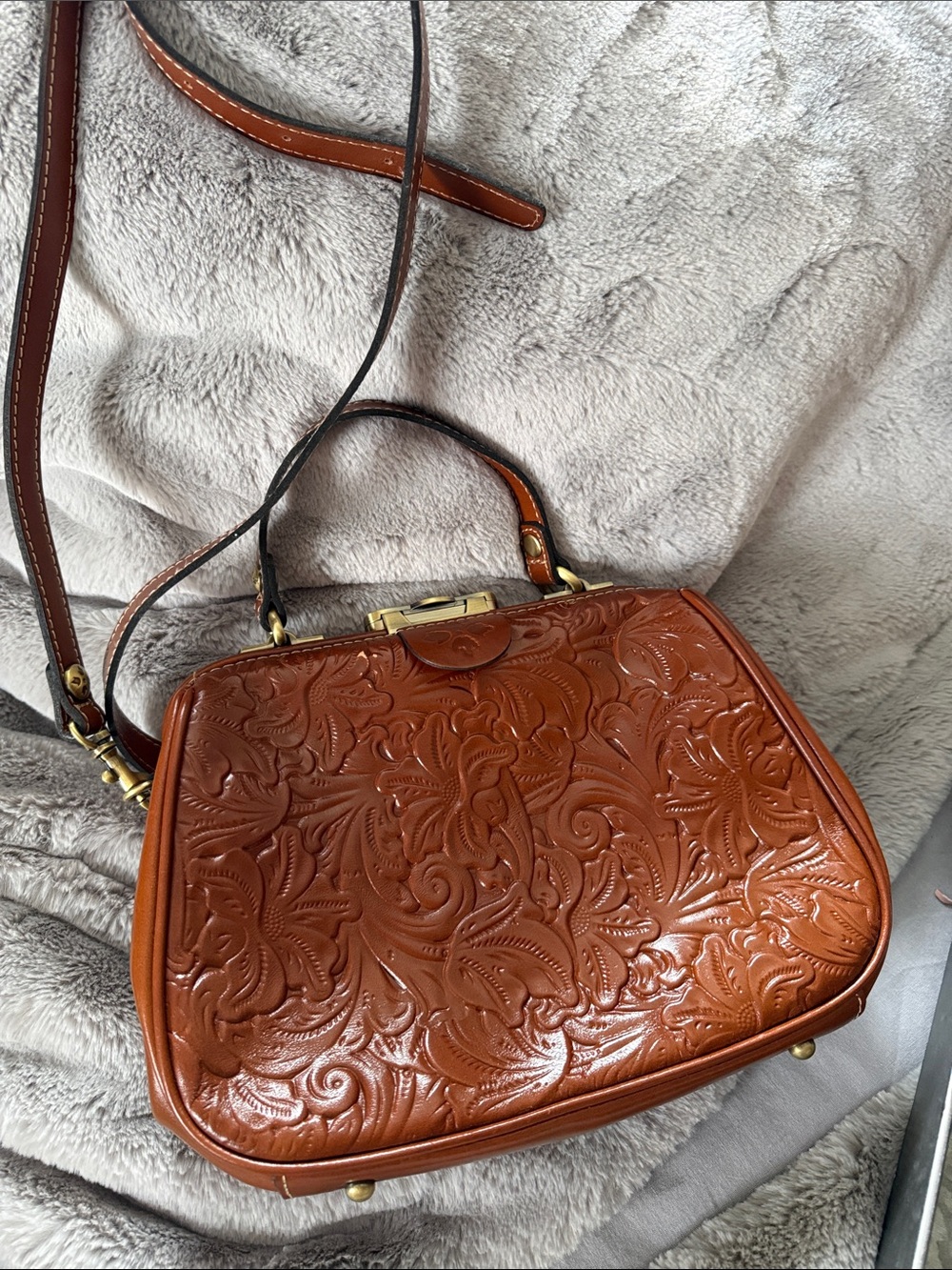Patricia Nash Embossed Leather Top-Handle Crossbody Bag in Cognac